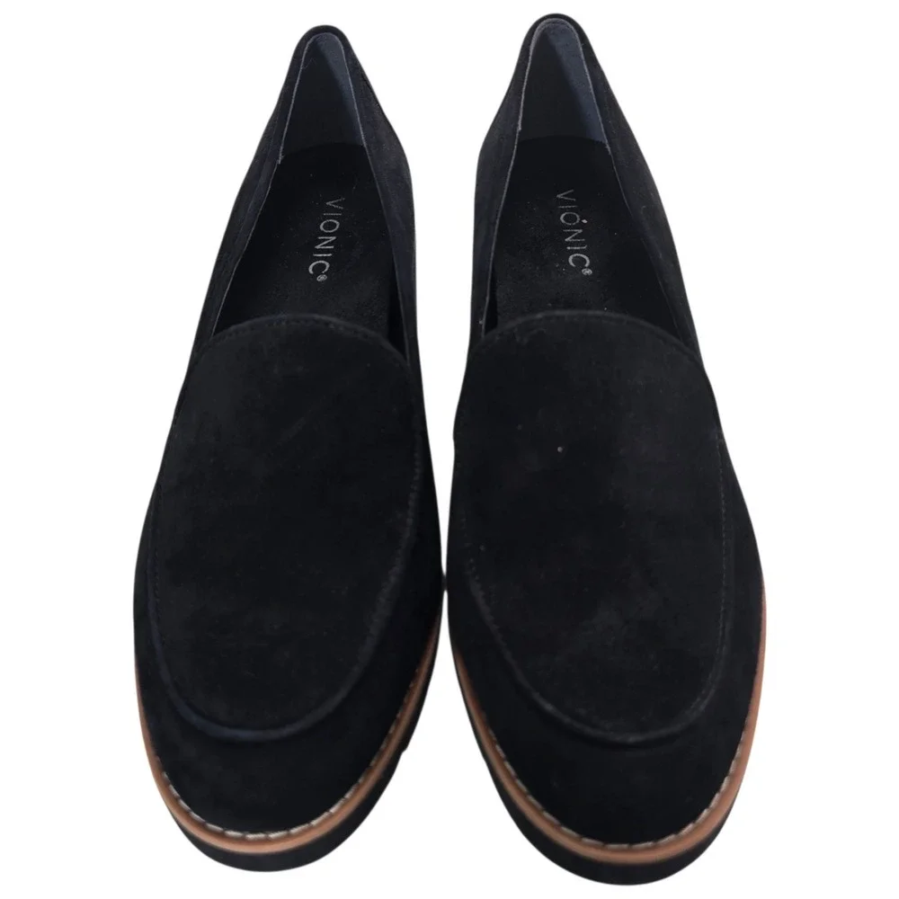 Vionic Ava Loafers Women 9.5 Black Suede Platform Wedge Lug Sole Comfort Classic
